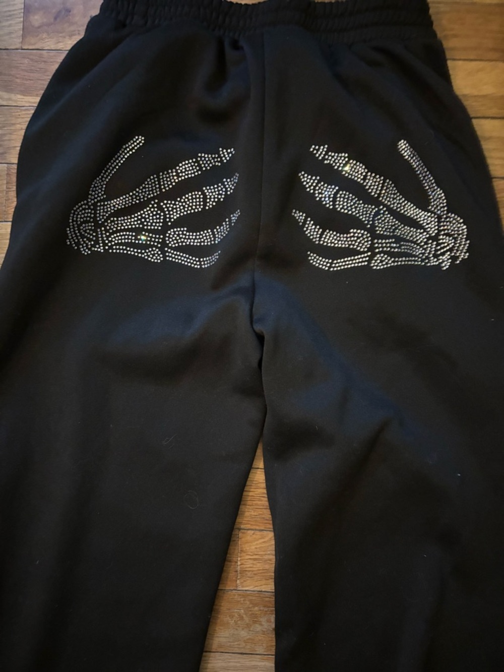 Black Sweatpants with Rhinestone Skeleton Hand Design - Picture 3 of 7
